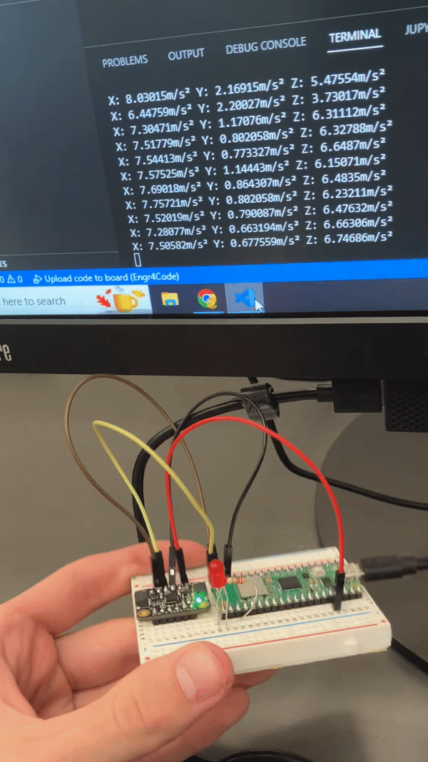 A GIF of the console logging acceleration values as I turn the board around.