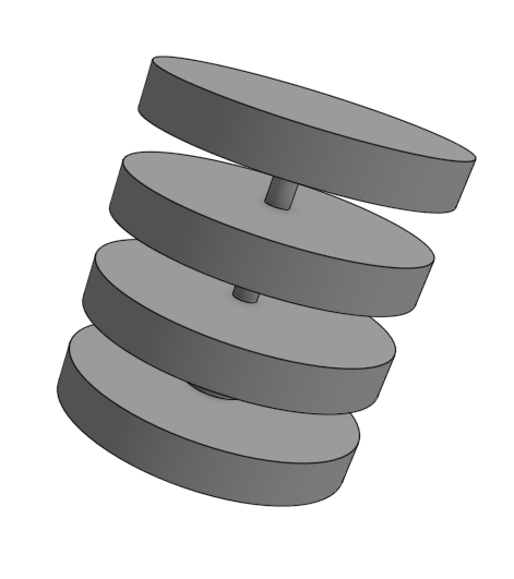 A CAD model of a roller, with 4 large wheels on a thinner axle